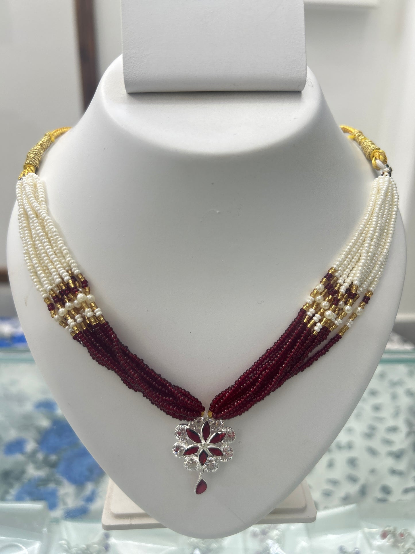 Royal Ruby Pearl Floral Pendant Silver Necklace