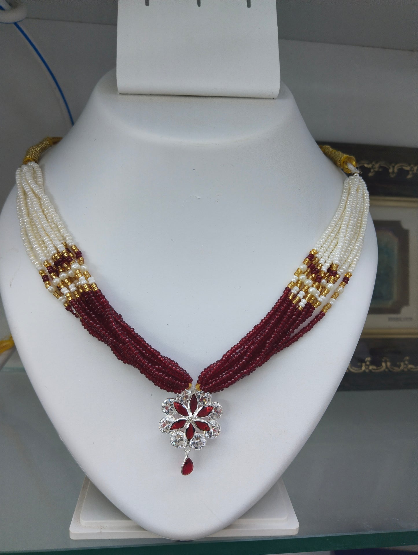Royal Ruby Pearl Floral Pendant Silver Necklace