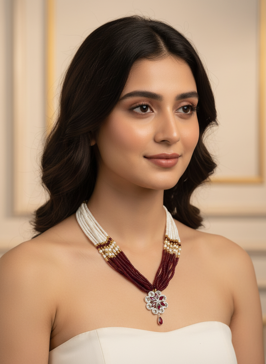 Royal Ruby Pearl Floral Pendant Silver Necklace