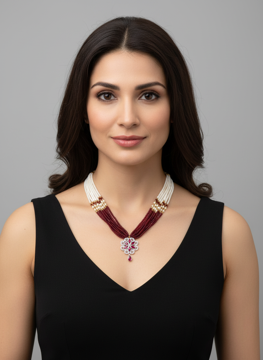 Royal Ruby Pearl Floral Pendant Silver Necklace